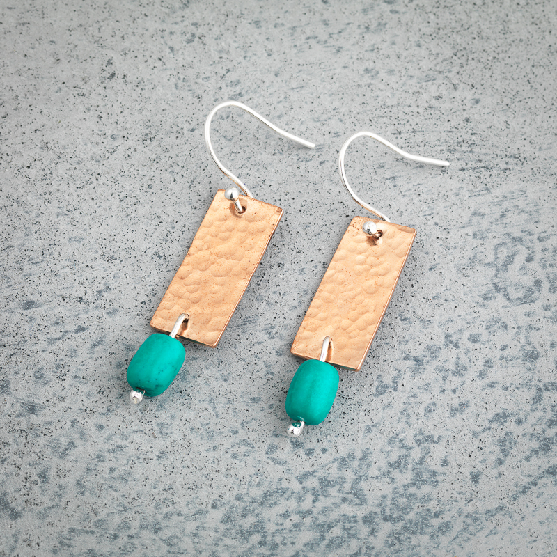 Hammered Copper & Turquoise Dangle Earrings